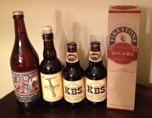 DH 75 Minute IPA, RR Sanctification, Founders KBS, and Firestone Walker Sucaba